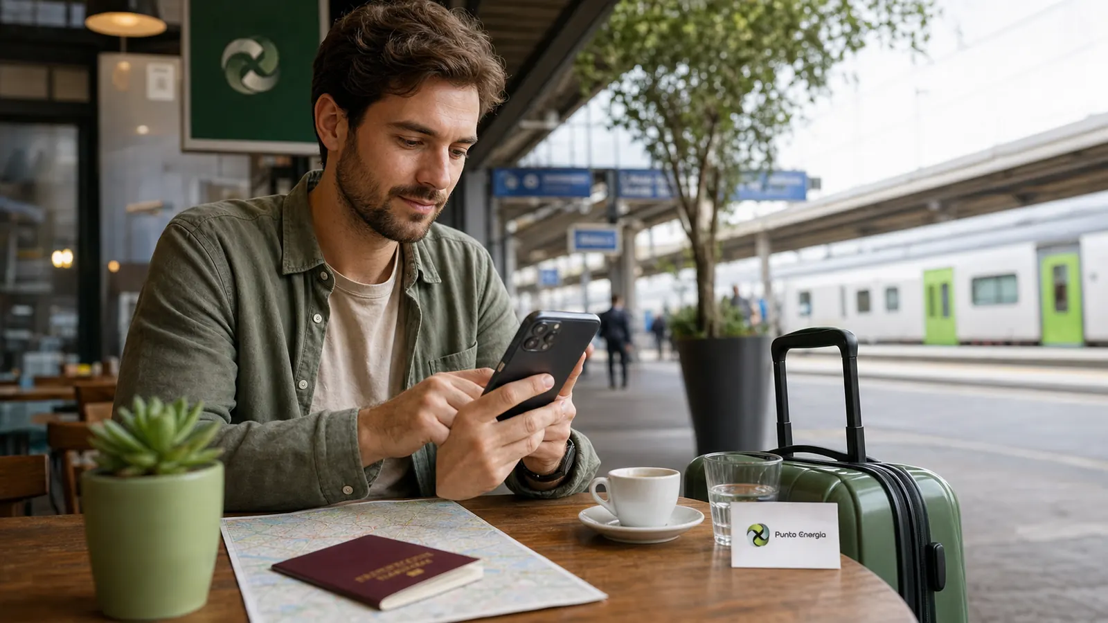 Reisender vergleicht EU-Roaming und lokale eSIM an einem italienischen Bahnhof