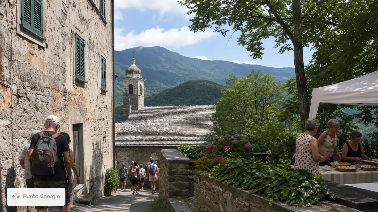 Escursionisti nel borgo di Torriglia con prodotti locali e paesaggio dell'Antola