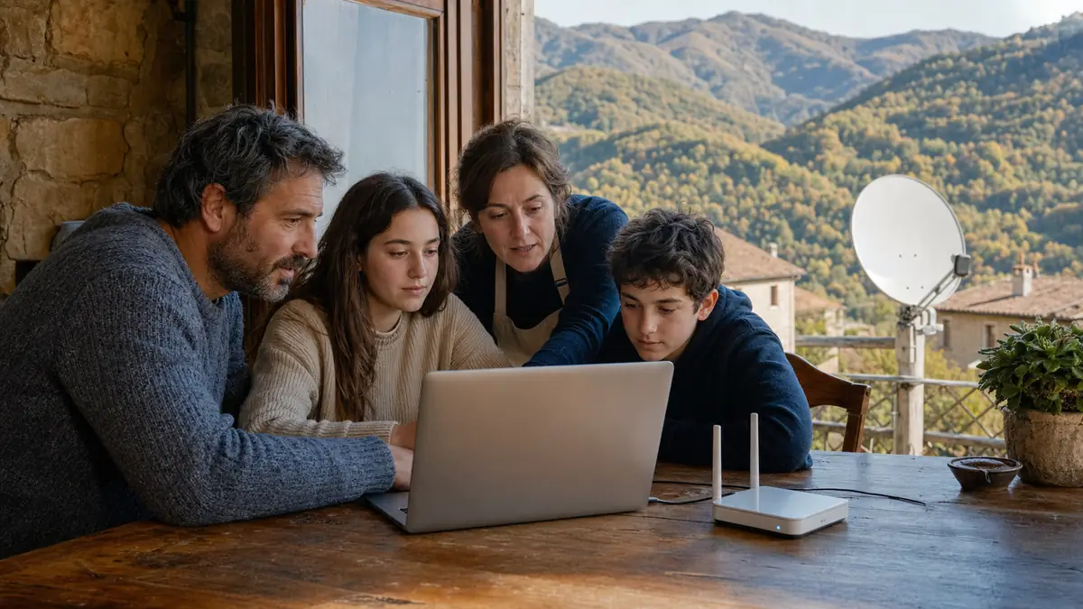 Famiglia e titolare di attività che valutano internet in un borgo dell’Appennino modenese