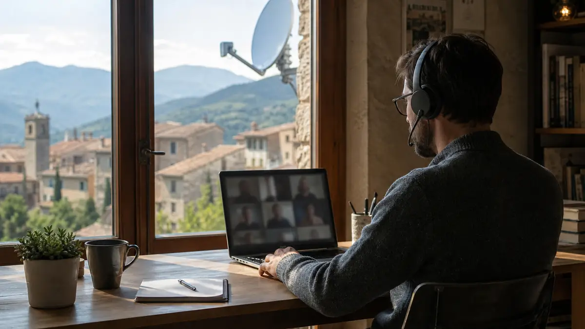 Professionista in videochiamata da un borgo italiano con connessione satellitare