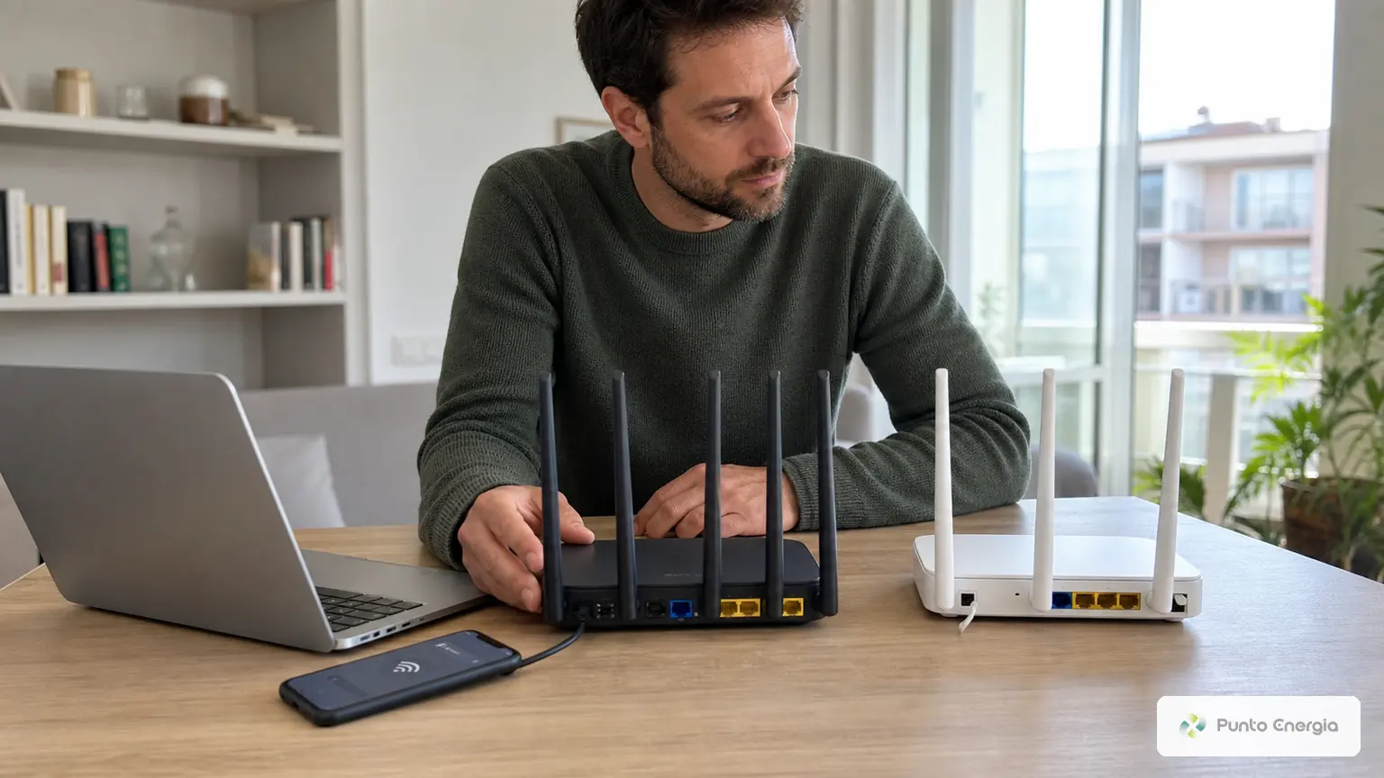 Persona che confronta due router Wi-Fi per la connessione internet di casa